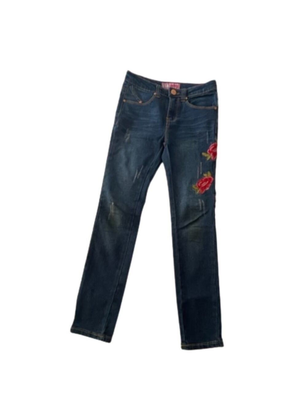 Girls Ripped Denim Jeans with Red Roses Size 10 Adjustable Inner waistband